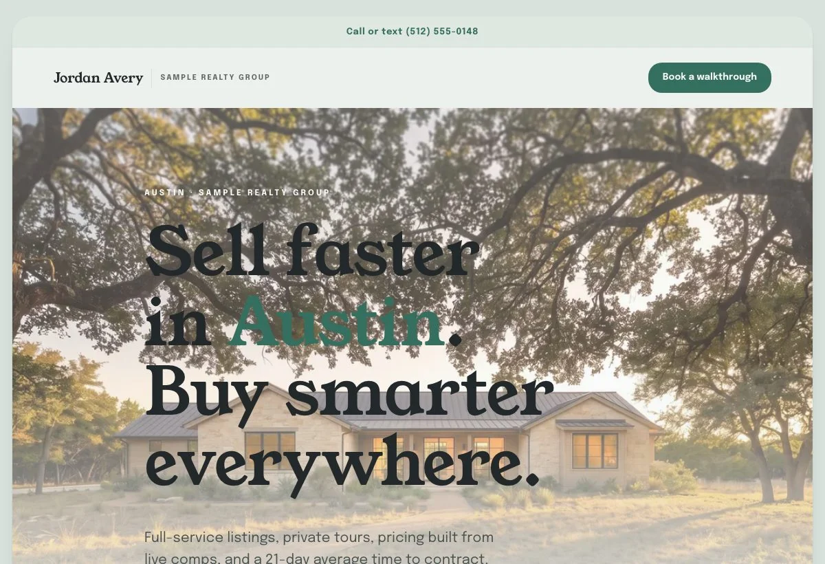 A finished Curb Appeal site in pale sage and cream: the photograph, the headline, and the calls to action in place