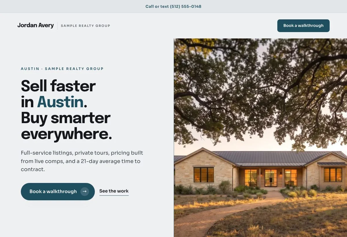 A finished Curb Appeal site built around a sample agent's brand: their headline, their photograph and their calls to action in place