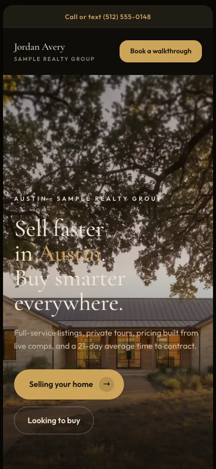 The same site on a phone, laid out for the narrow screen