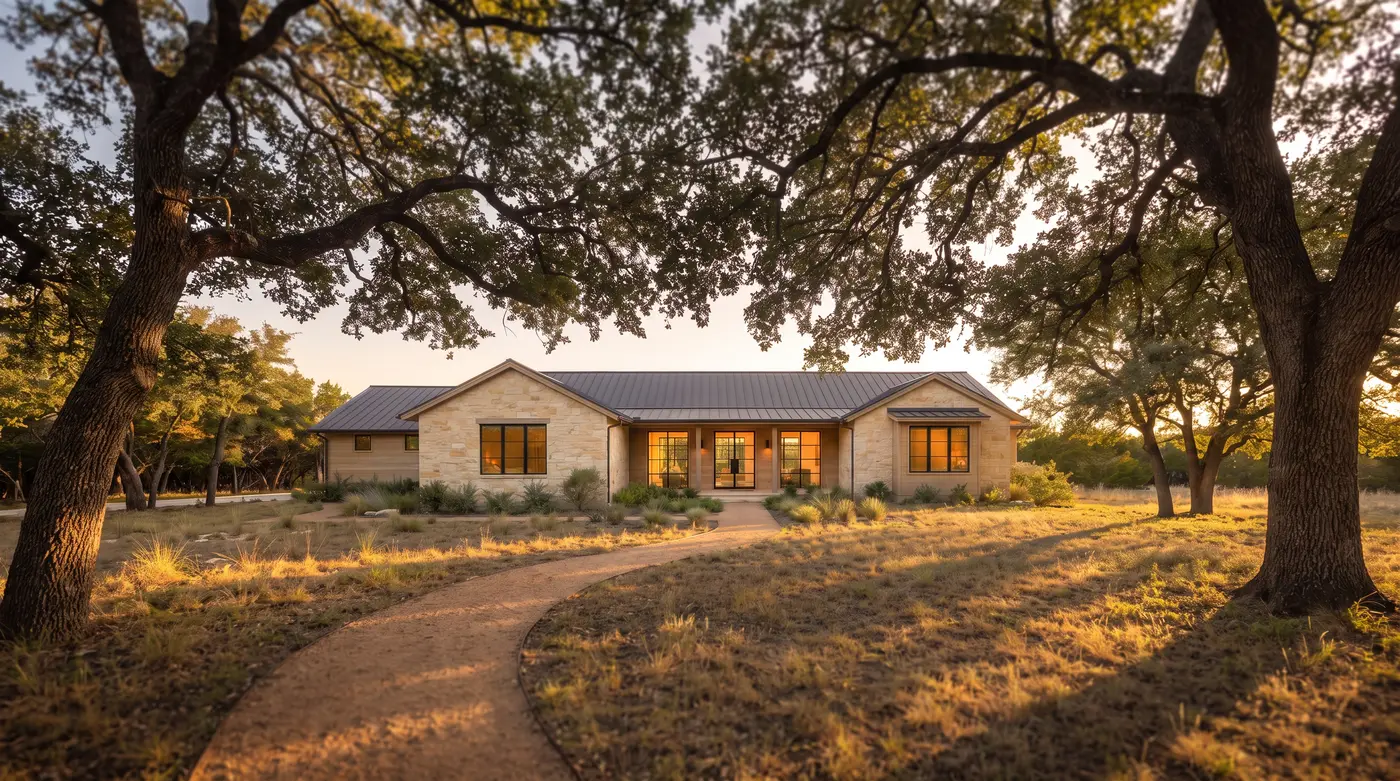 A hill-country modern house in honeyed limestone and white oak, seen from the front garden between two live oaks at golden hour