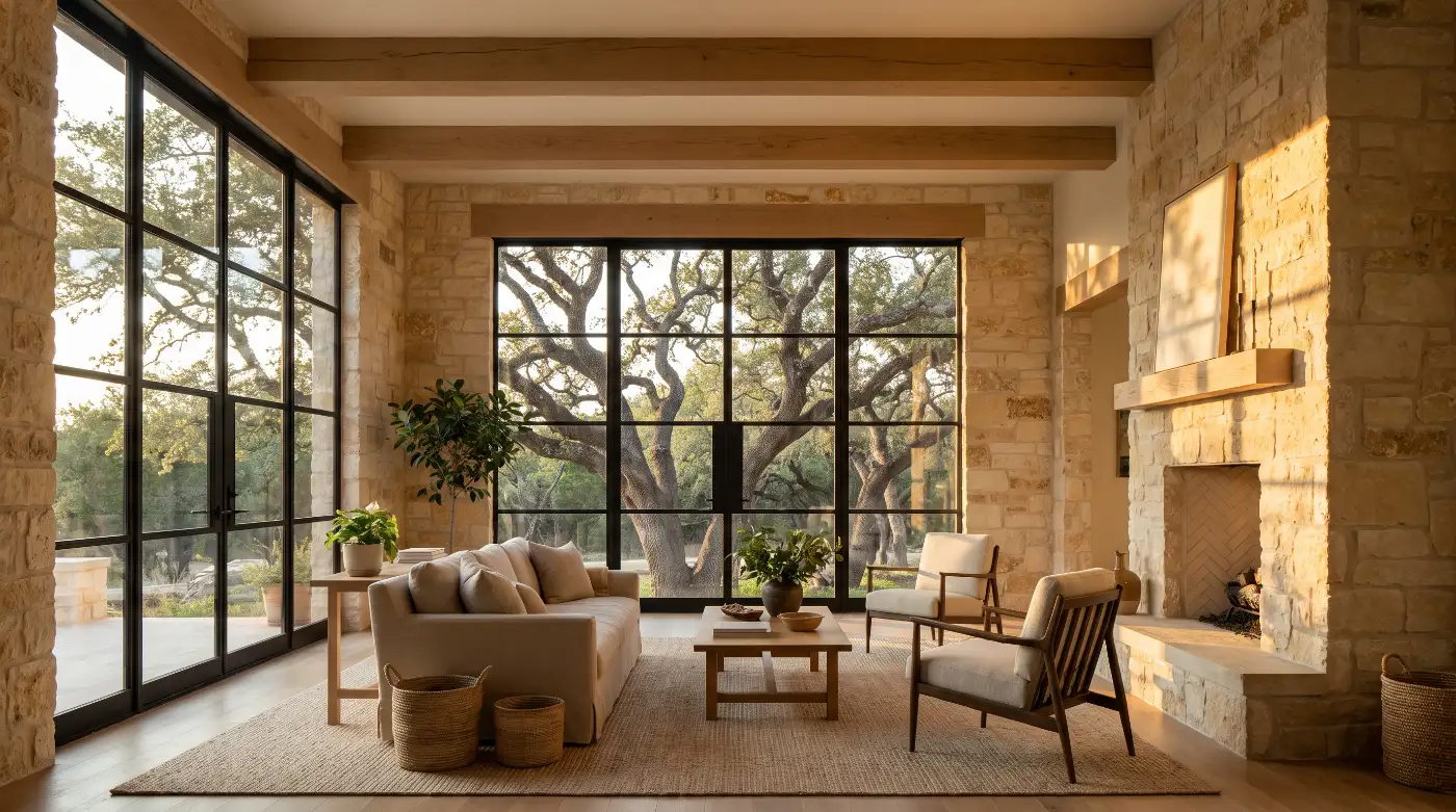 A double-height living room with white oak beams, a limestone fireplace and a wall of blackened steel windows looking into live oak canopy