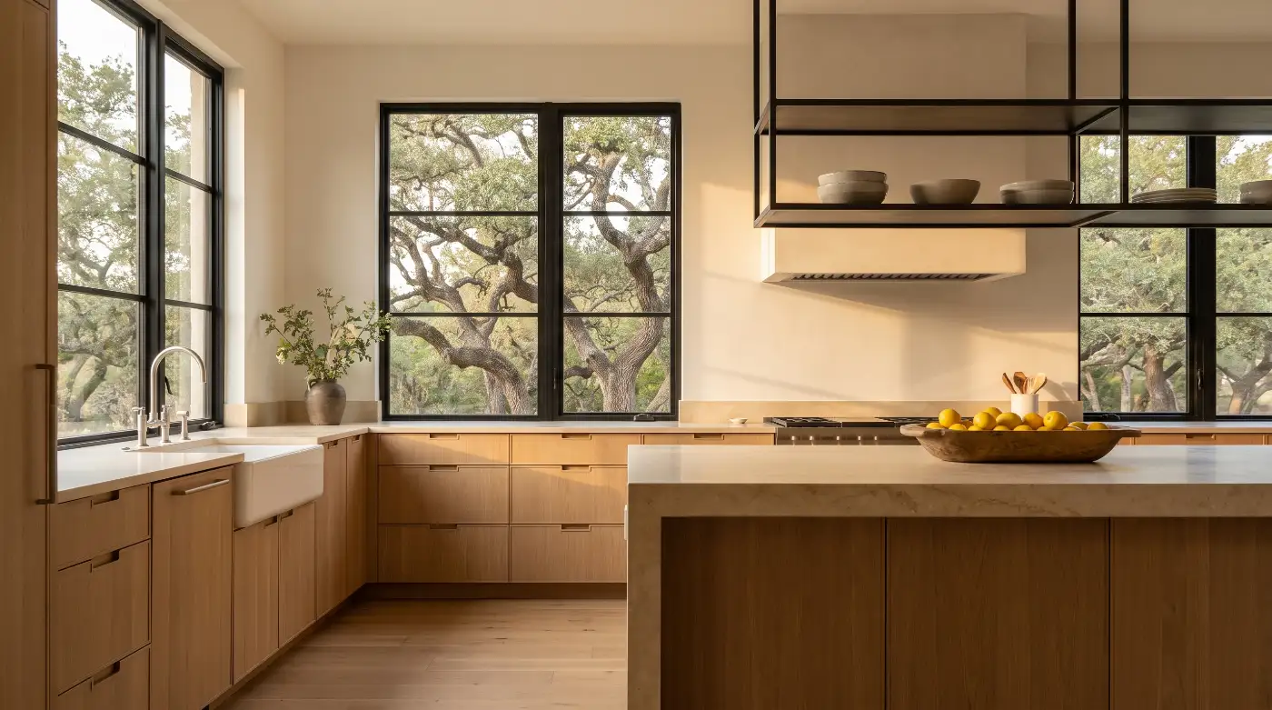 A kitchen in white oak with a honed limestone island, a plaster hood and a window over the sink facing the oaks