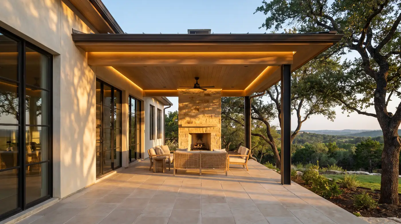 A covered back porch at dusk with a limestone floor, an outdoor fireplace and the hill country falling away beyond